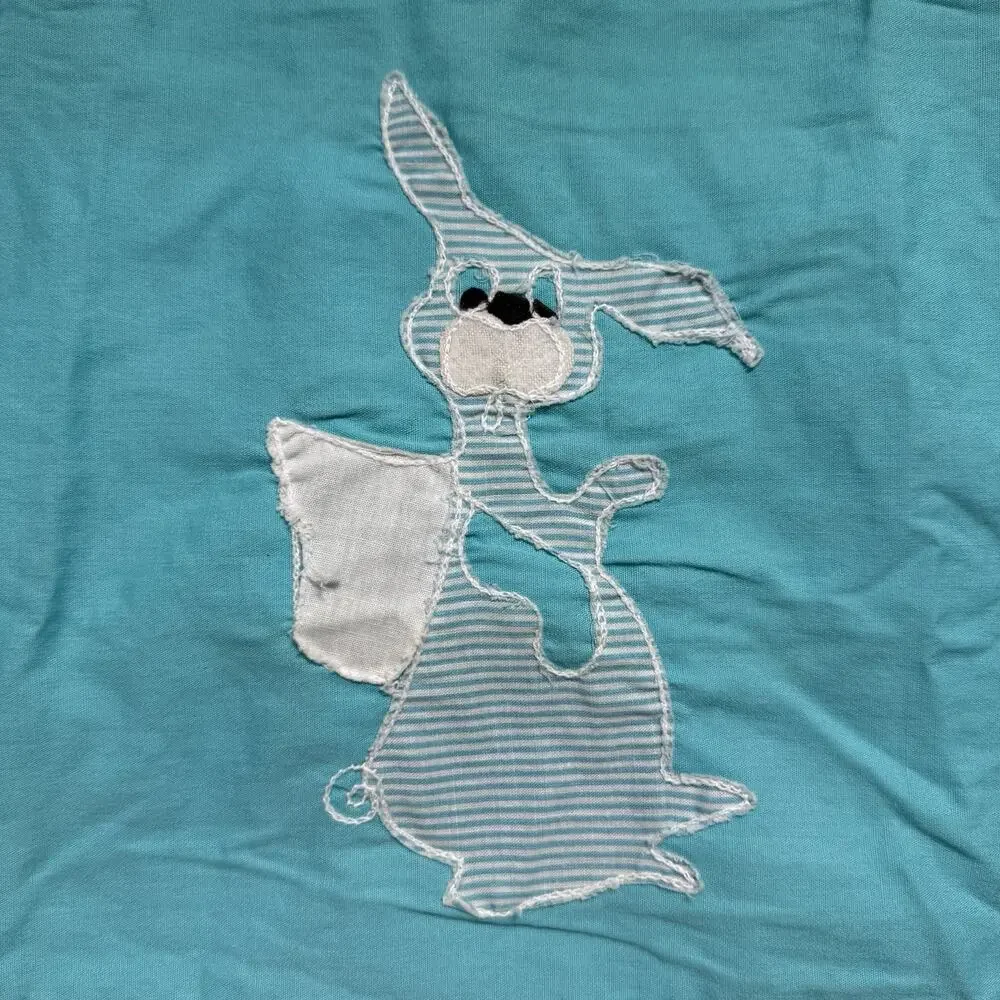 Vtg Appliqué Bunny Dress Layered Turquoise Blue Stripes Collar Girls 4T XS